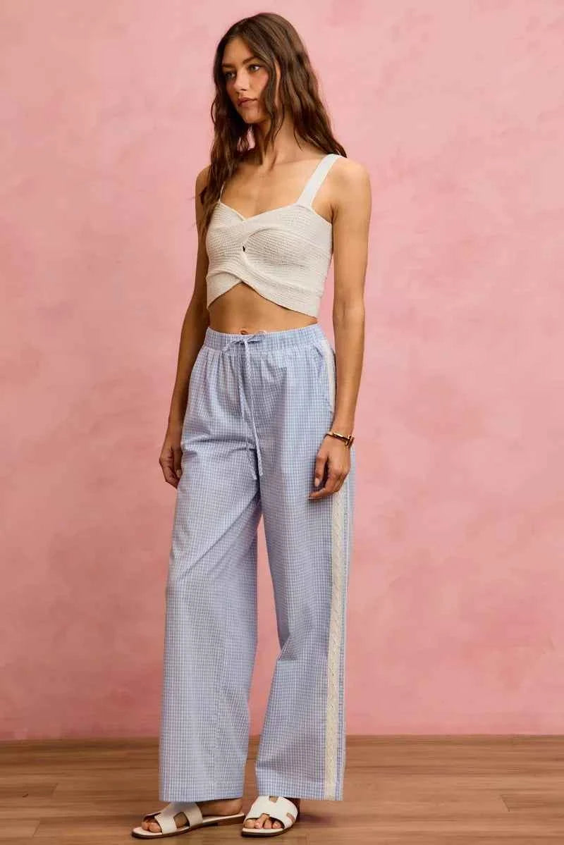 SO ME Wide Check Pants With Side Lace Trim And Piping 8d7f213feed24a9c9642b3105f5db7e1-Max-Origin
