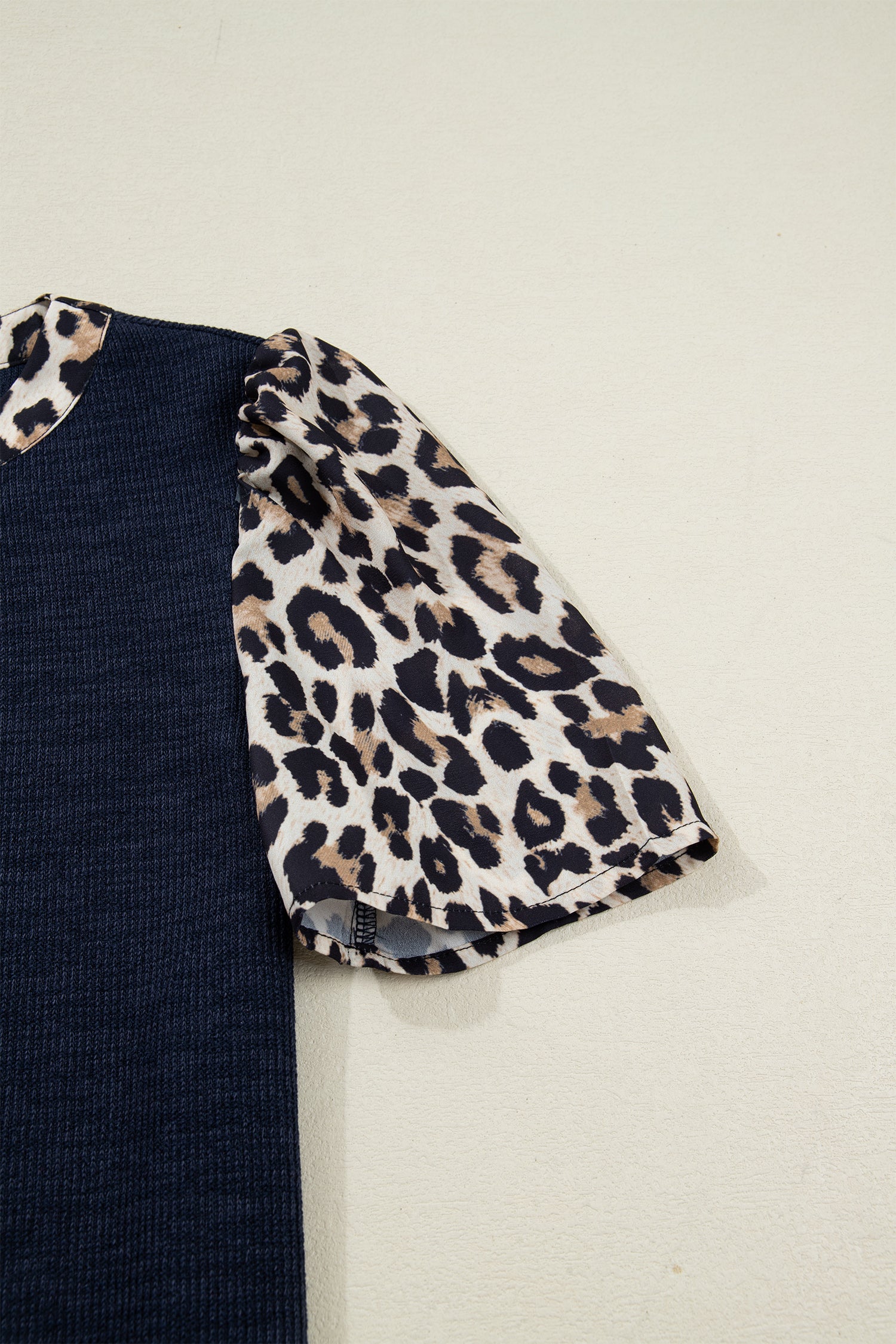 Navy Blue Ribbed Contrast Leopard Patchwork Short Sleeve Top 8d7f49d89ecaea6a