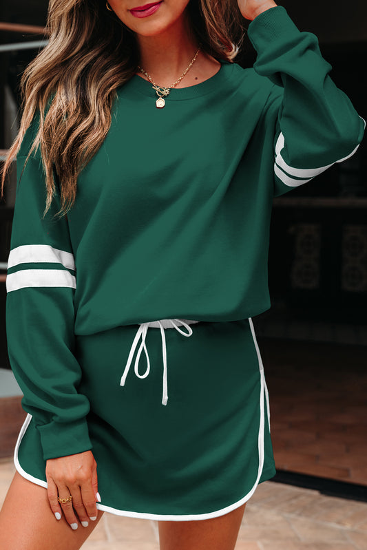 Evergreen Varsity Stripe Detail Drop Shoulder Pullover Mini Skort Set 8d8111d2e75e53d8
