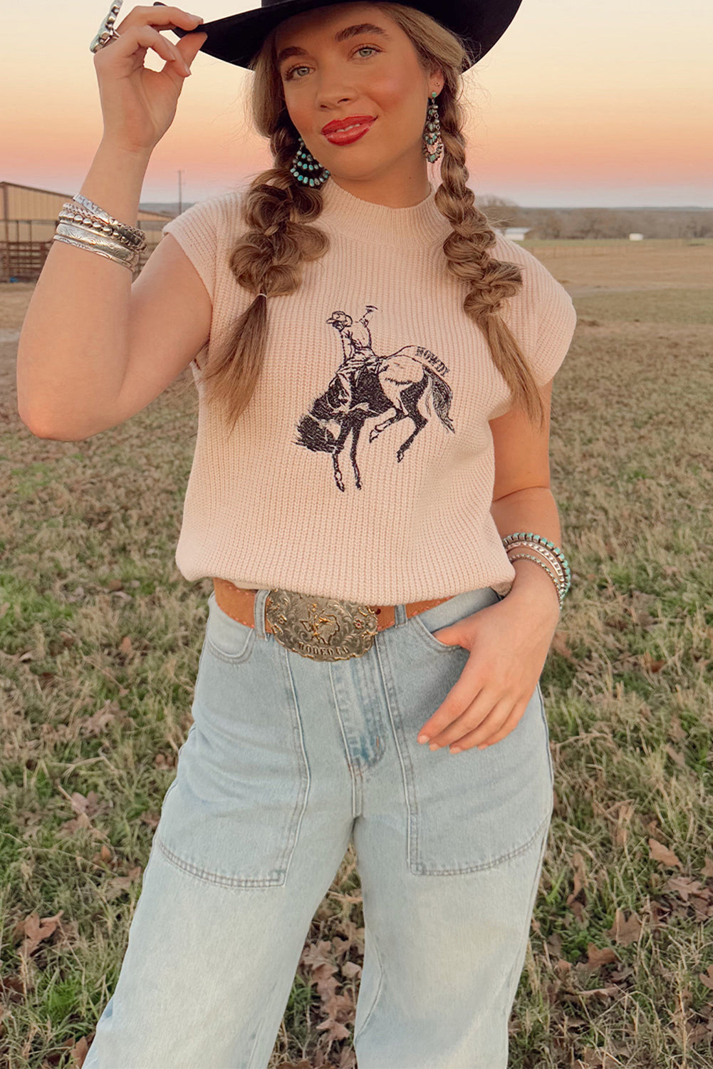 Oatmeal Cowboy Graphic High Neck Short Sleeve Knit Top 8d8448d3068fc432