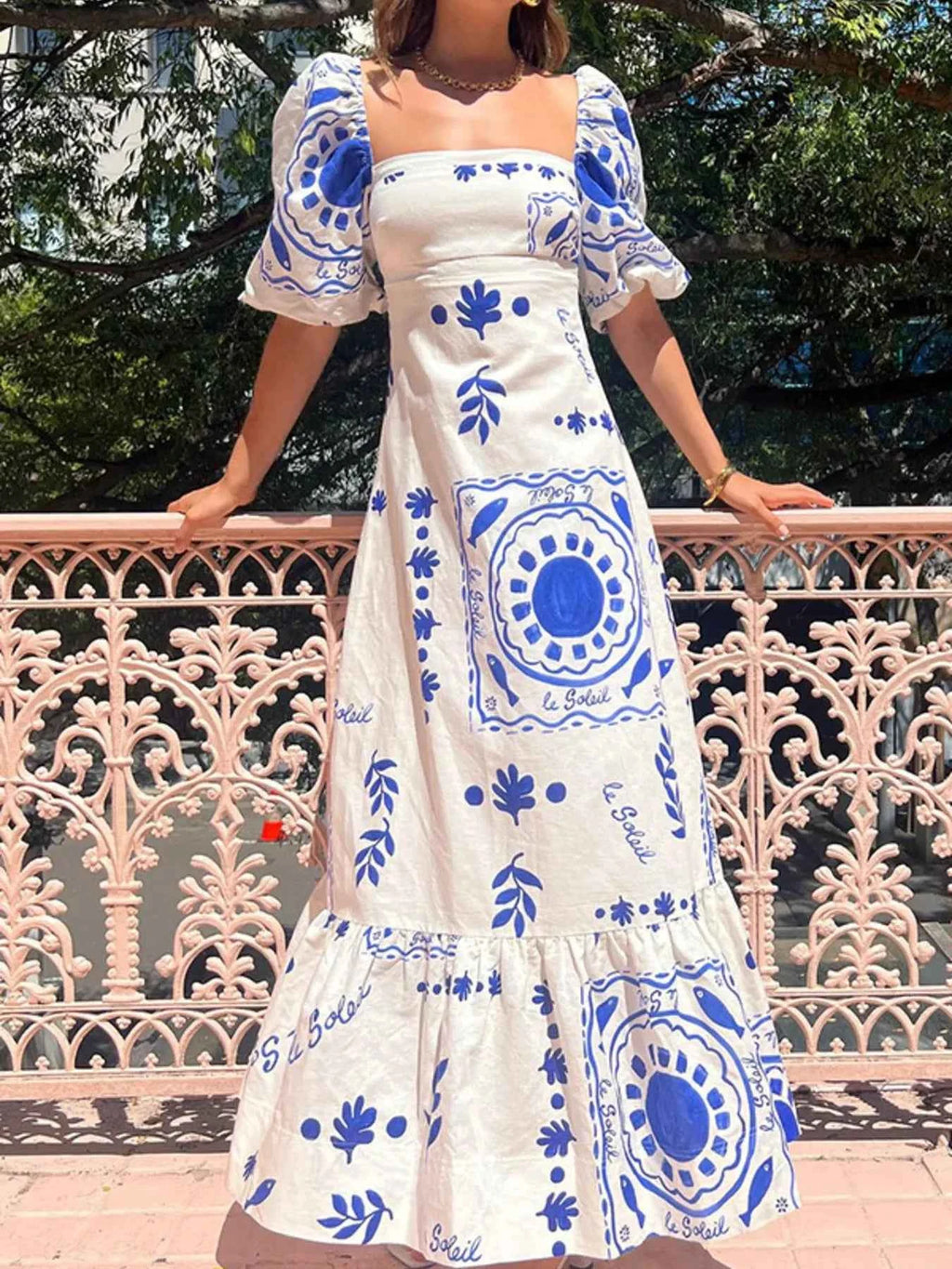 Floral Square Neck Puff Sleeve Maxi Dress with Ruffle Hem Blue 8d865acbde034fa1aed62735df1532b0-Max-Origin