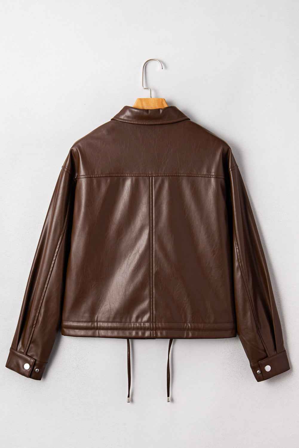 Chicory Coffee Flap Pocket Drawstring Hem Leather Jacket 8d86fc5e767c3037