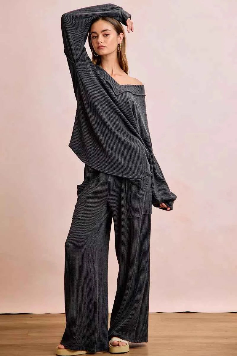 BiBi Two Tone Cord Rib Contrast Stitching V-Neck Top and Pants Set 8d8b6b64d96242deb7a0534d71b20429-Max-Origin