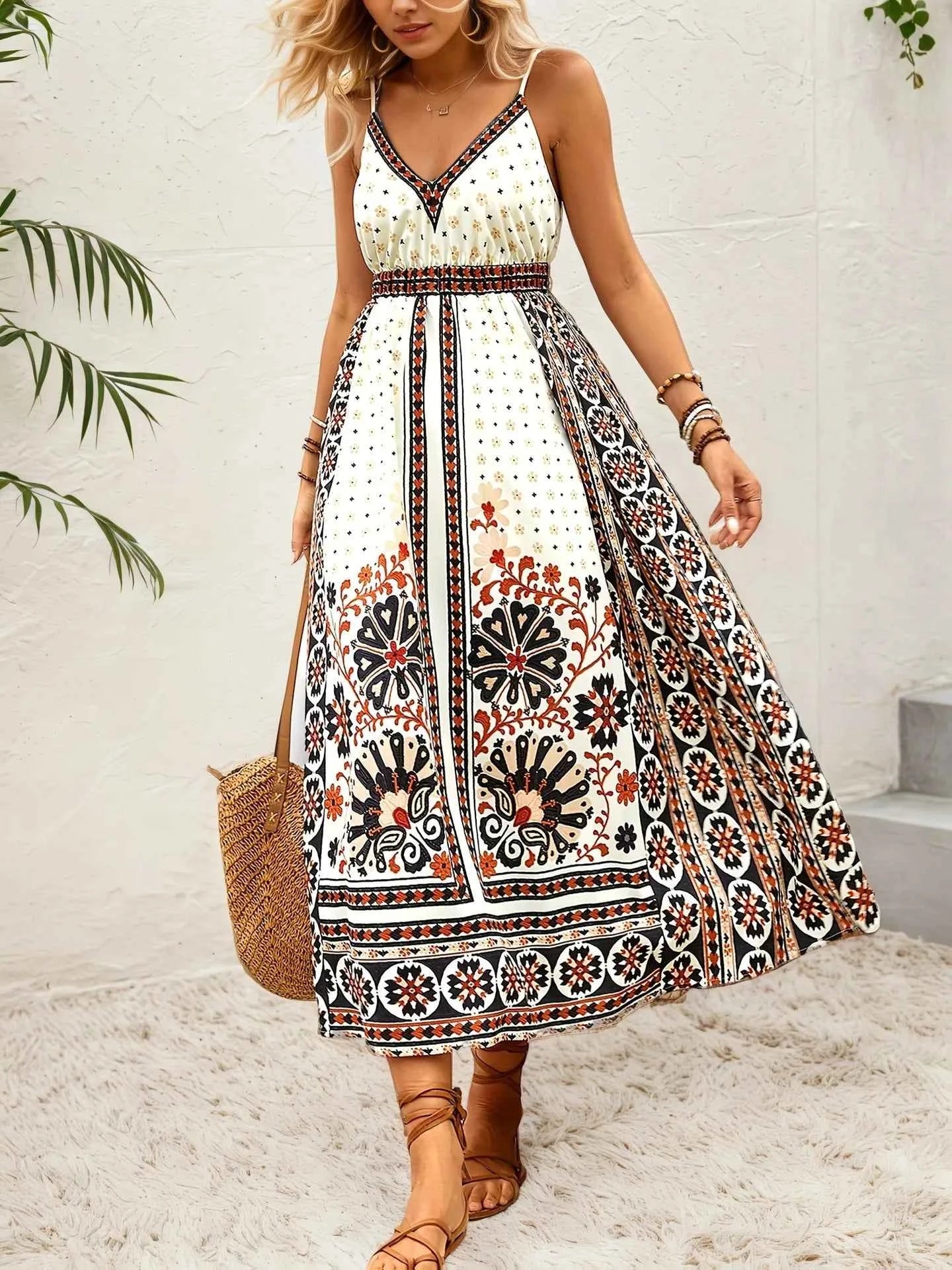 Printed V-Neck Midi Cami Dress 8d914b4a30124479933f4b6d25104187-Max-Origin