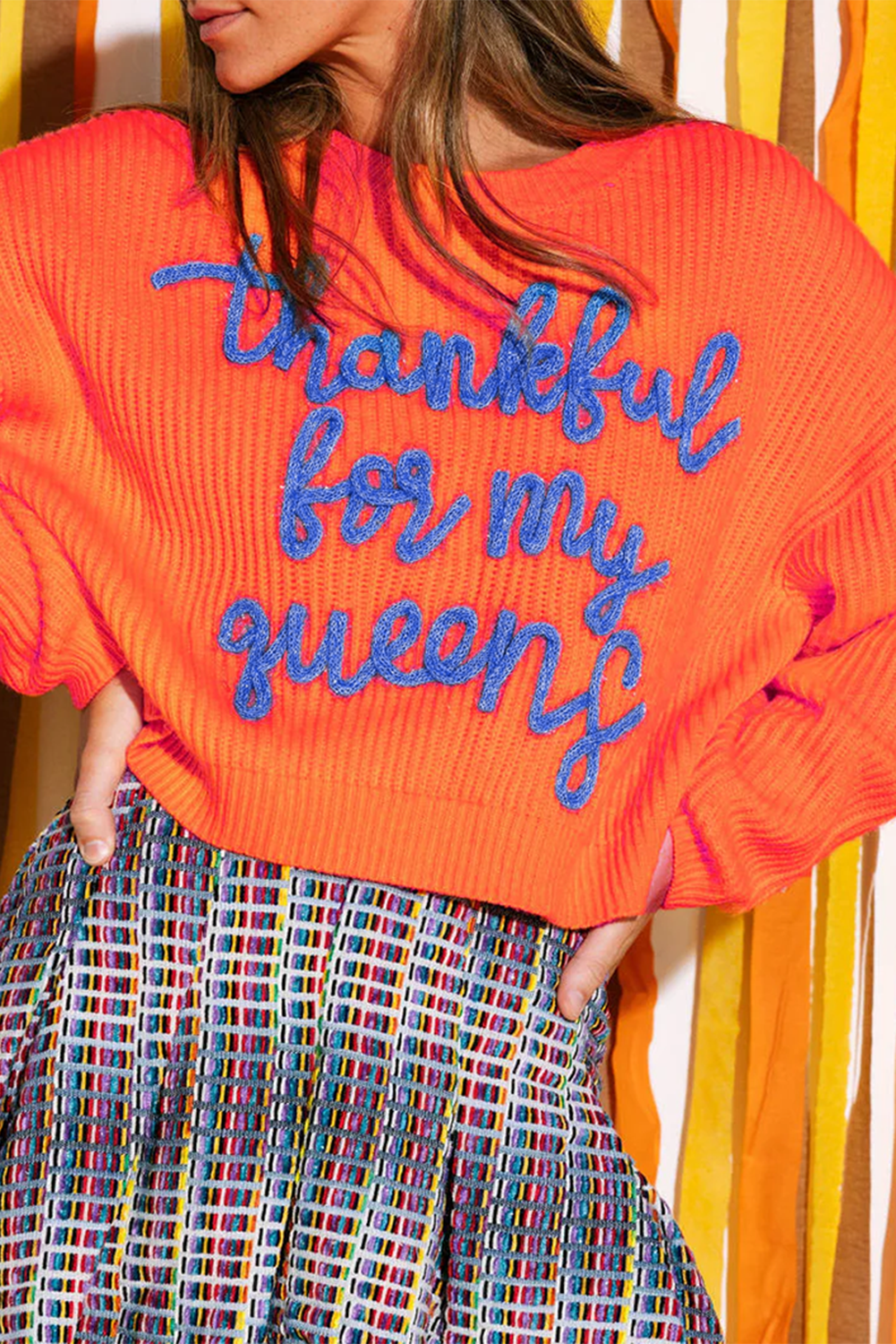 Vitality Orange Thankful for my queens Ribbed Knit Drop Shoulder Graphic Sweater 8d93a602461bef67