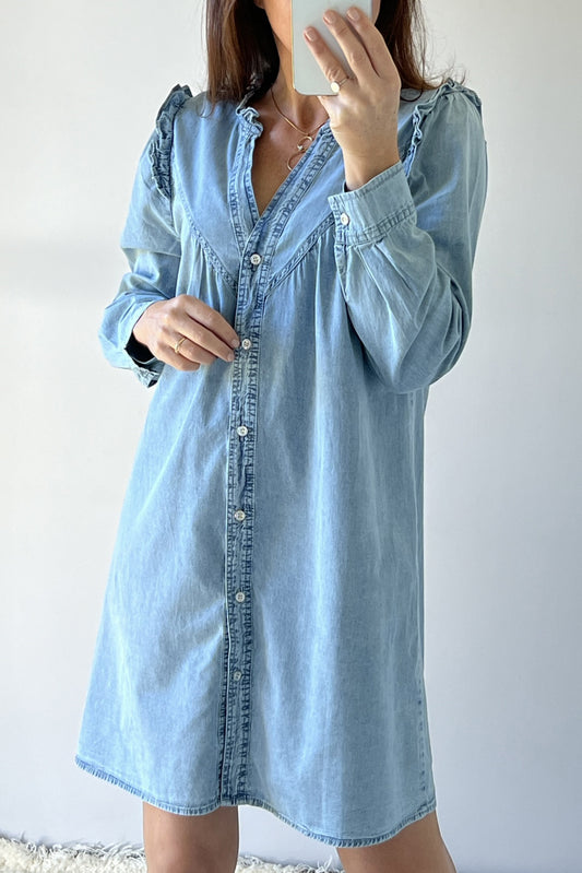 Myosotis Ruffled V Neck Buttoned Shift Denim Dress 8da142cdb6da9184