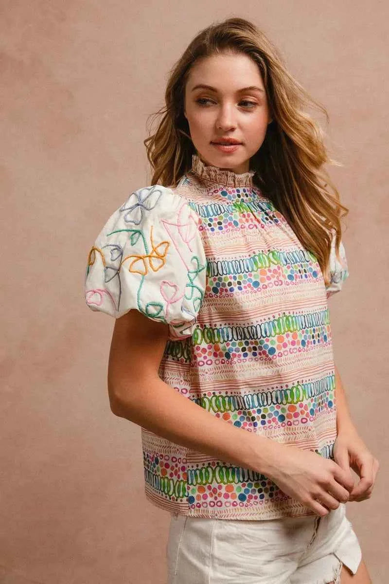 BiBi Ruffle Neckline Blouse With Embroidery Bubble Sleeve 8da38fd245a746c3bf58edcfc9797432-Max-Origin