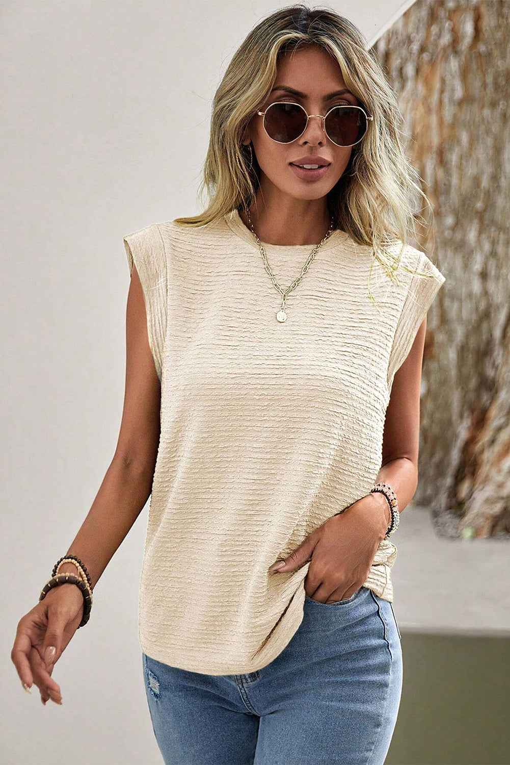 Beige Textured Round Neck Sleeveless Shirt 8da9baec45408eb8