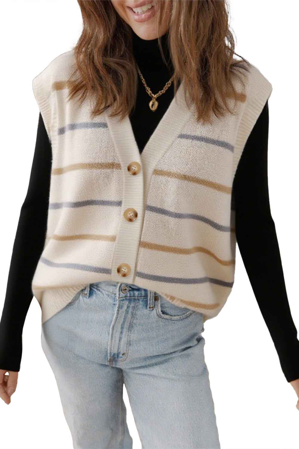 Multicolour Striped Print Button V Neck Knit Vest 8daee393f905385a