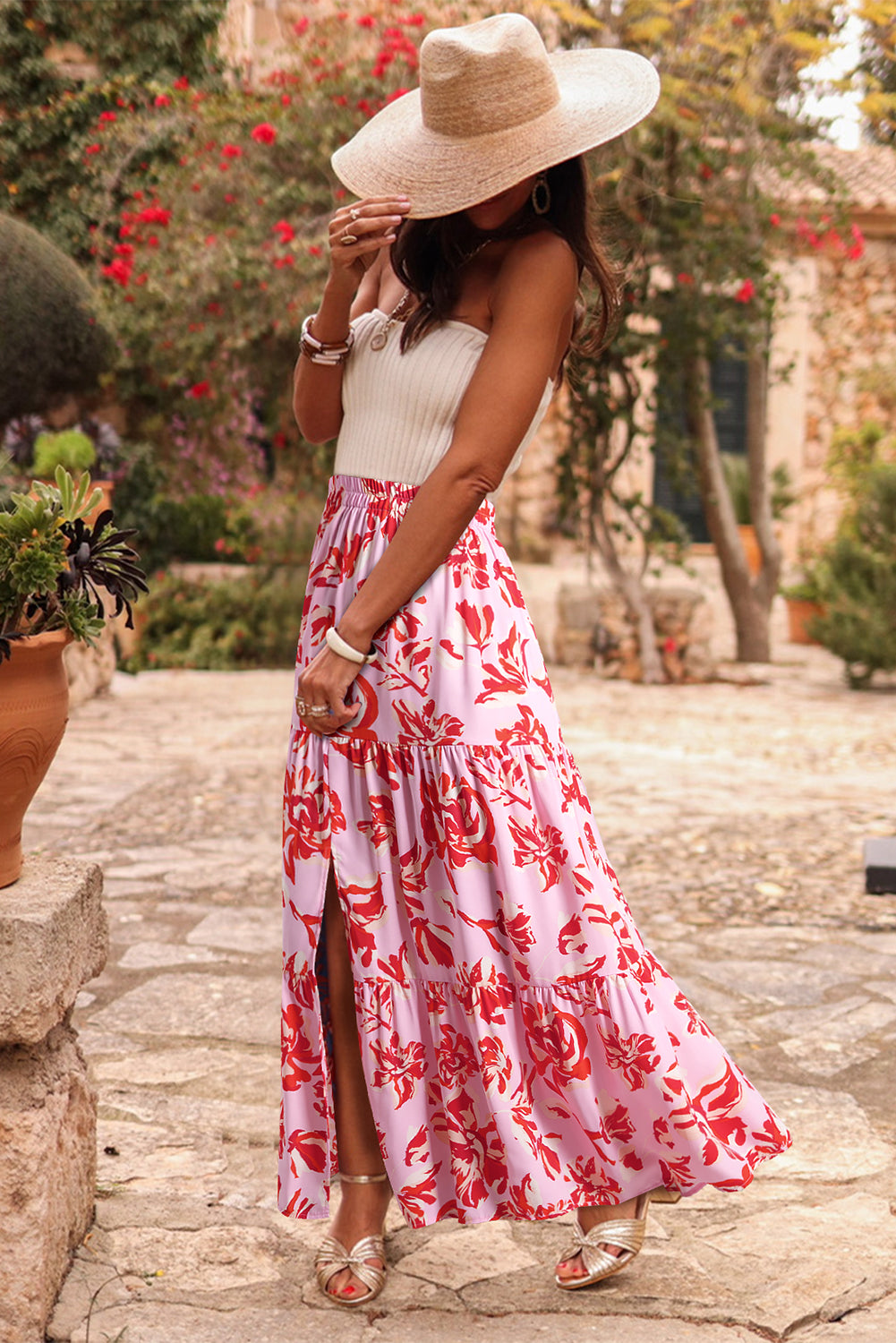 Sky Blue Bohemian Floral Print Tiered Maxi Skirt with Split 8daf439b3421536d