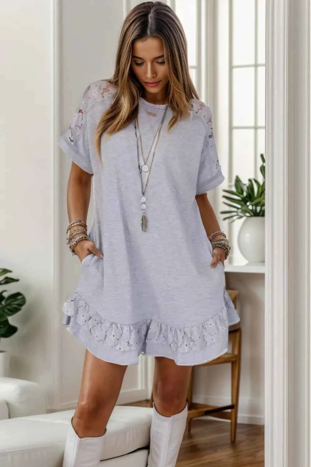 Lace Detail Round Neck Short Sleeve Dress Gray 8db4c365-b093-494a-baac-14f2c511392a-Max