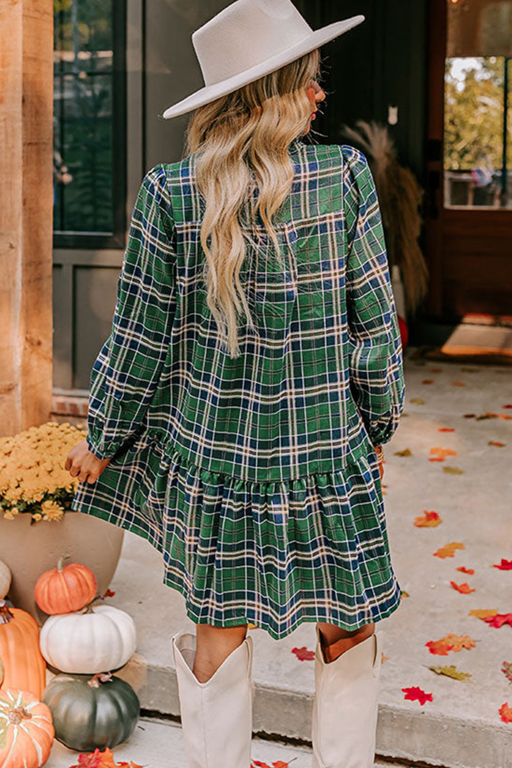 Green Plaid Print Frill Neck Long Sleeve Mini Dress 8dbe2e4fc7421dd1