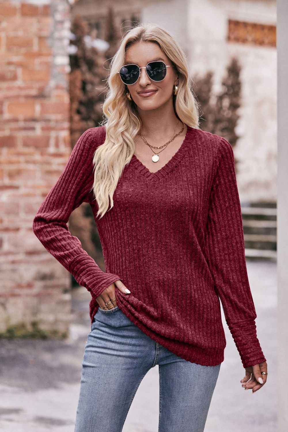 Mandy V-Neck Long Sleeve Ribbed Top Burgundy 8dcad0761af4419096540ab2e7c7afd0-Max
