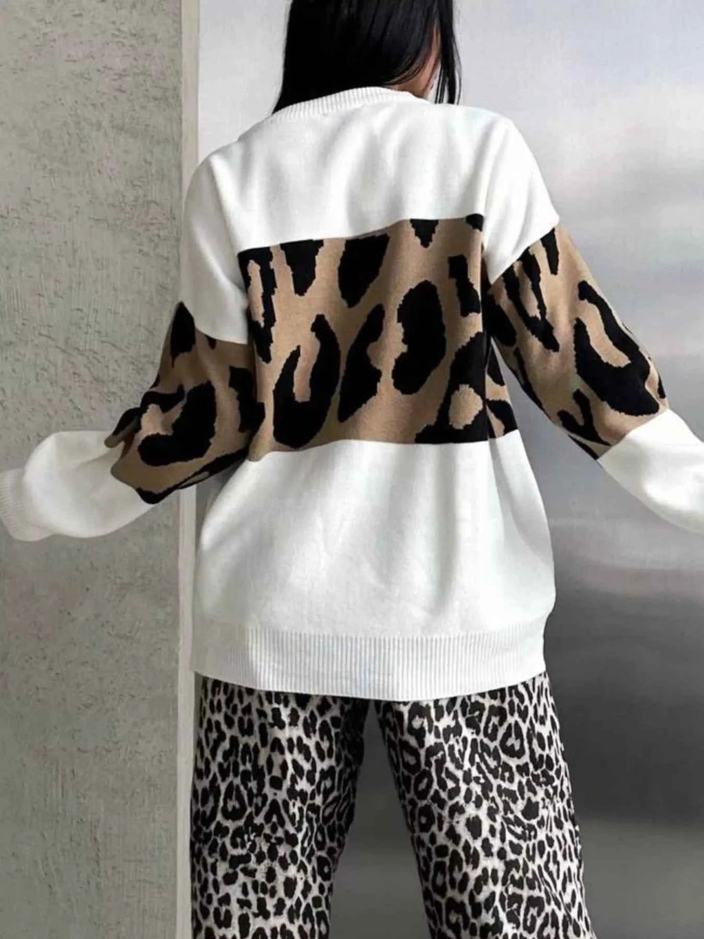 Leopard Color Block Round Neck Sweater 8dcb4ef7-7a25-4e23-a8e9-3ef1abf39b56-Max-Origin