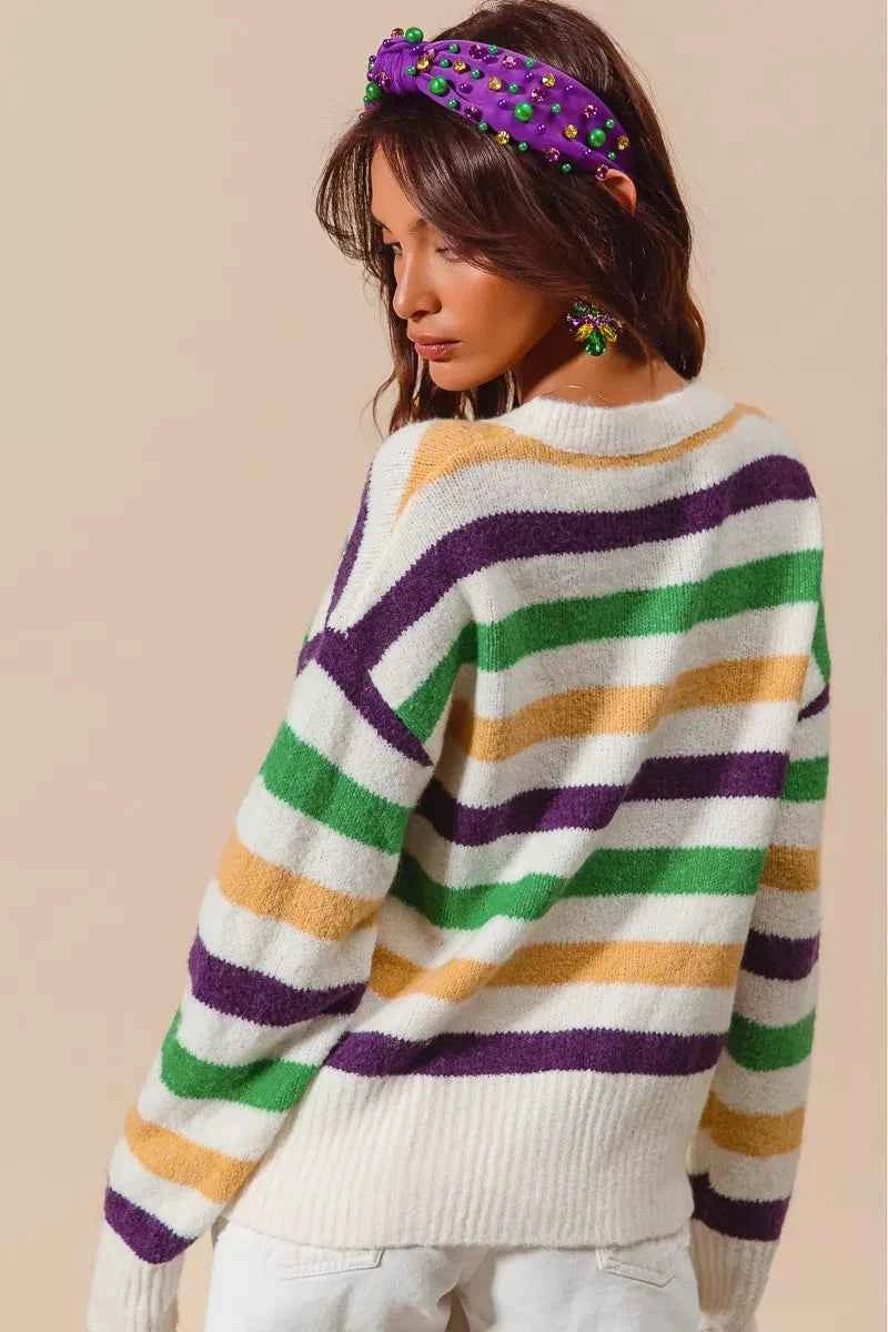 SO ME Mardi Gras Color Stripe Round Neck Sweater Top 8dcc847ac08f470eb242409c2ebfe737-Max-Origin