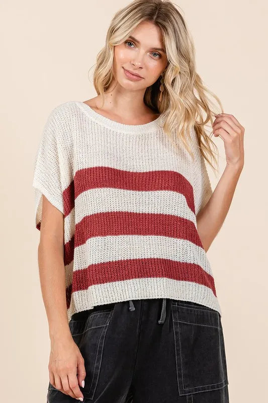 Mittoshop Contrast Striped Round Neck Short Sleeve Sweater 8dd4973d-da33-4165-b0c9-264935685e96-Max