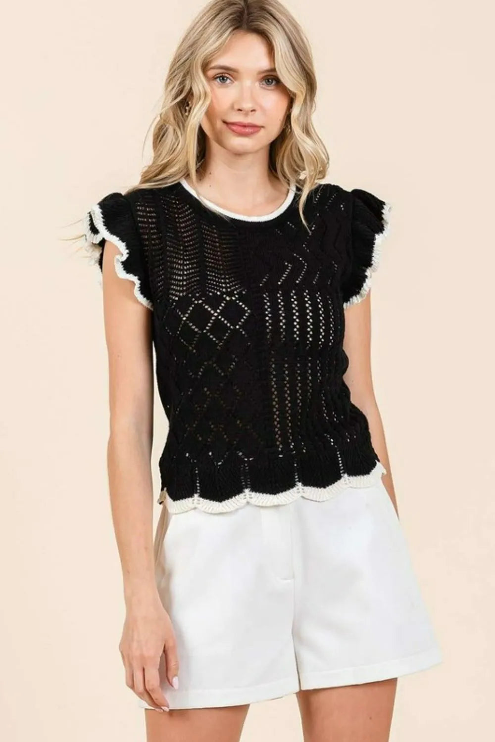 Mittoshop Openwork Contrast Trim Ruffled Cap Sleeve Knit Top 8dd549de-cfbd-4df5-a486-78bb89869a89-Max