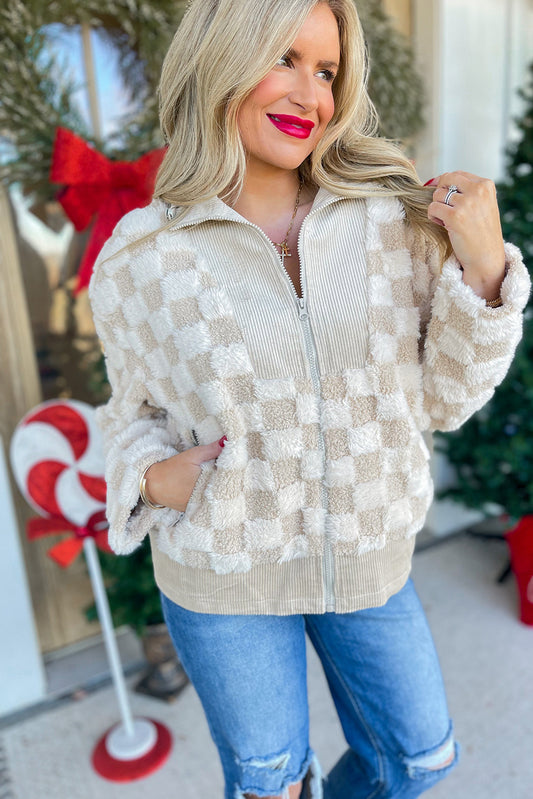 Khaki Checkered Sherpa Corduroy Patchwork Zip-up Collared Jacket 8dd7642e9a4c4ced