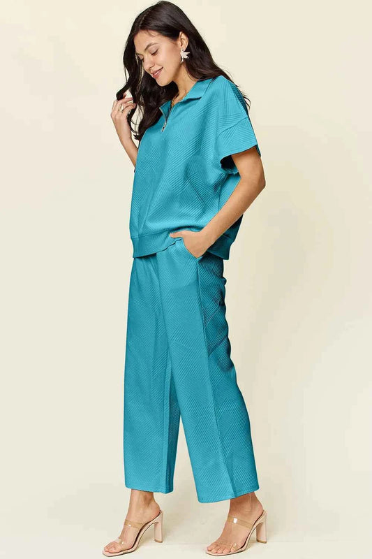 Double Take Full Size Texture Half Zip Short Sleeve Top and Pants Set 8dd89bc7-e9ea-407e-a6d0-0e486bab7bc3-Max