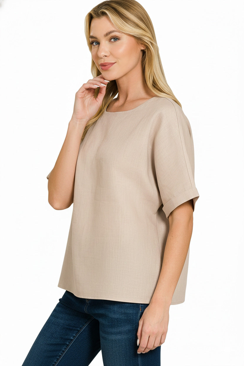 Zenana Linen Round Neck Cuffed Sleeve Top 8ddb1830-94c5-4a52-ab3f-eed9545402dc-Max