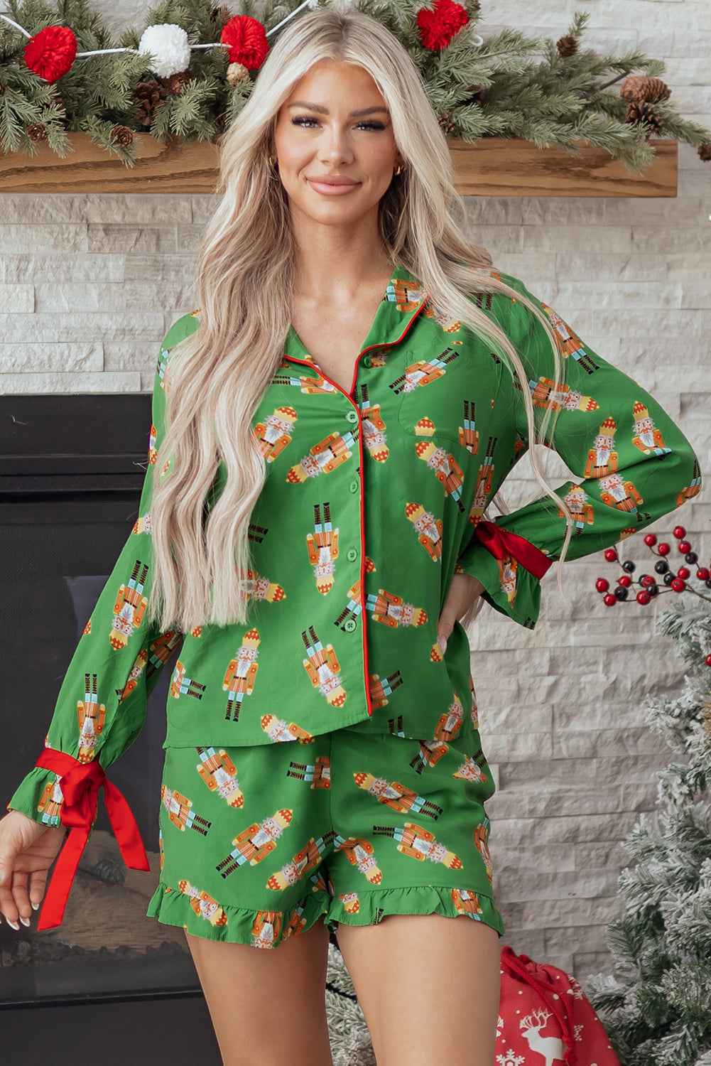 Green Christmas Candy Contrast Trim Bow Knot Silky 2pcs Pajama Set 8ddb20b1fae03aa9