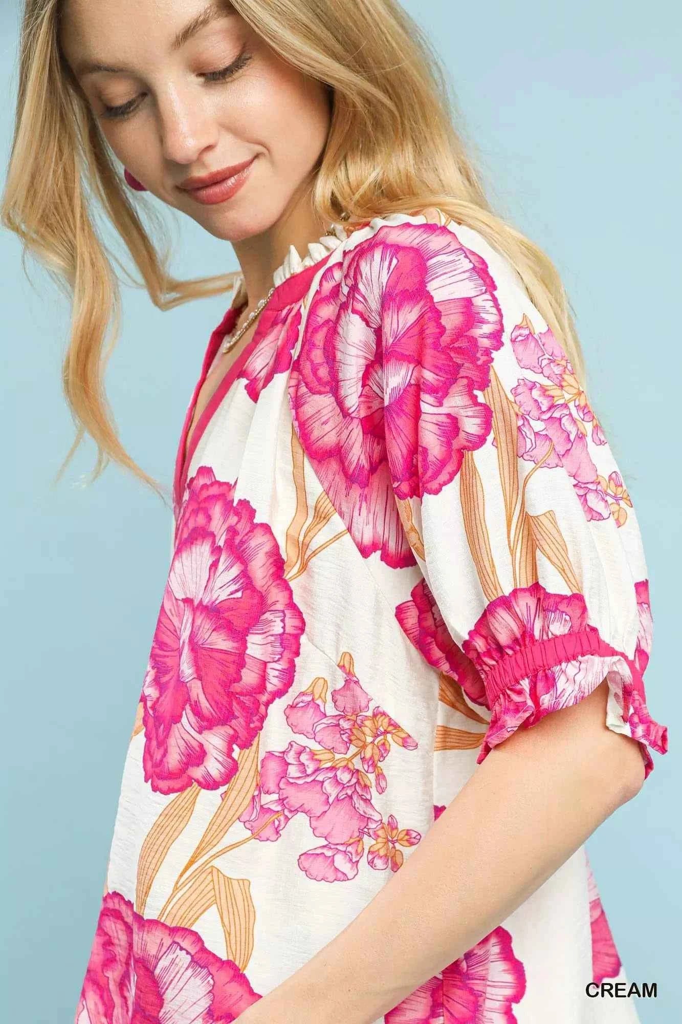 Umgee Floral V-Neck Puff Sleeve Blouse 8dde5bd5-08f5-42fd-9292-83ef6aefa60b-Max-Origin
