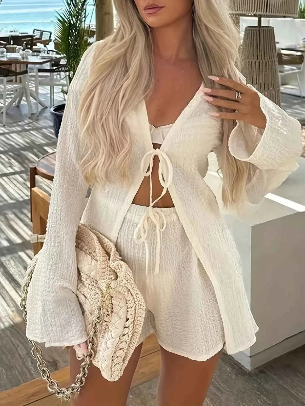 Tie Front Long Sleeve Top and Shorts Set 8de013c944984528abc67248d1edb075-Max-Origin
