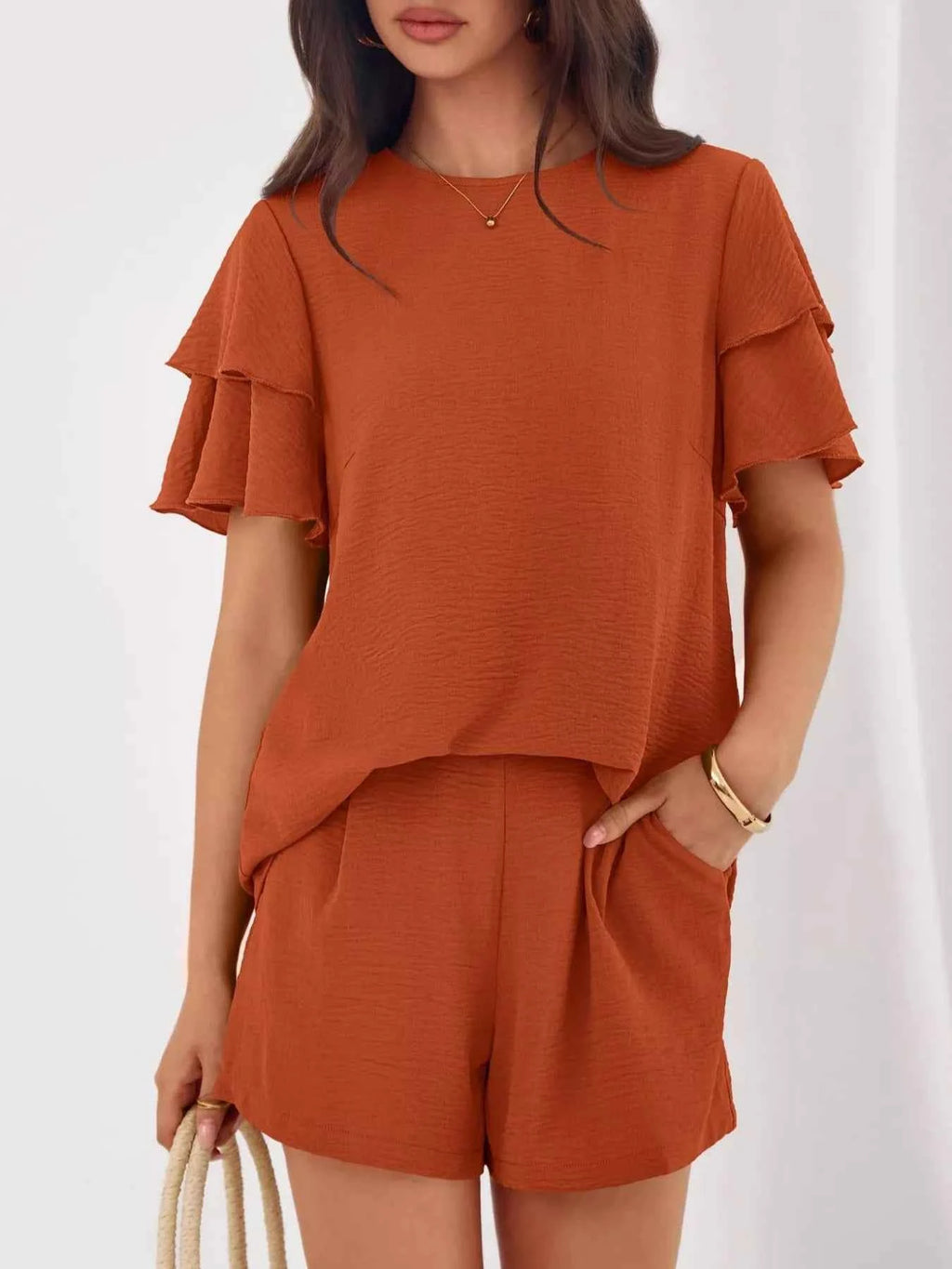 Ruffle Sleeve Top and Shorts Two-Piece Set 8de1428a-207d-42d1-ade8-897a0b498fa7-Max-Origin