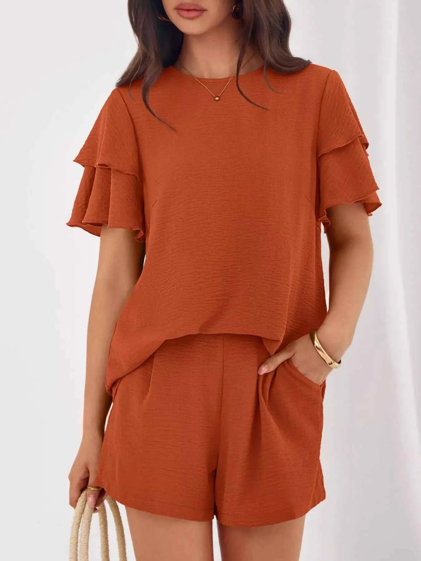 Ruffle Sleeve Top and Shorts Two-Piece Set 8de1428a-207d-42d1-ade8-897a0b498fa7-Max-Origin