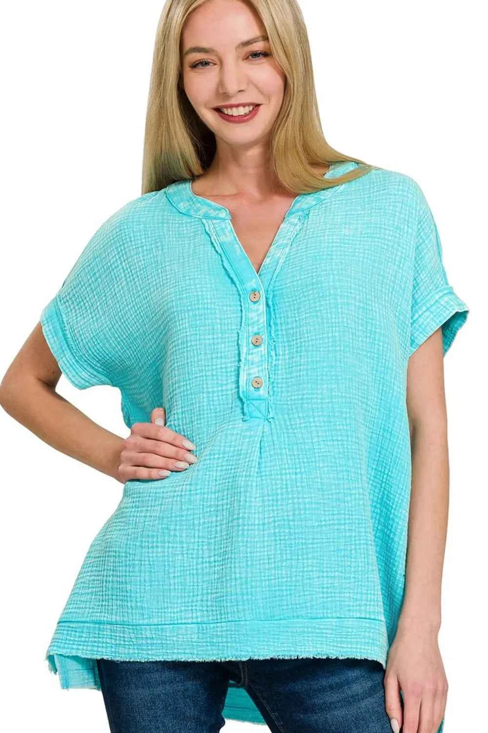 Washed Double Gauze 3/4 Button Henley Neck Shirt MINT SKY 8de4978e-b220-4240-adfc-db385f04be0e-Max-Origin