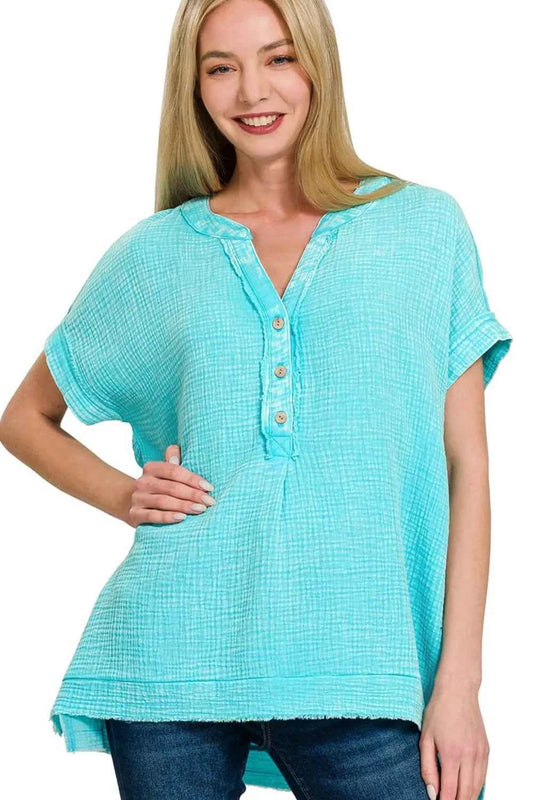 Washed Double Gauze 3/4 Button Henley Neck Shirt MINT SKY 8de4978e-b220-4240-adfc-db385f04be0e-Max-Origin