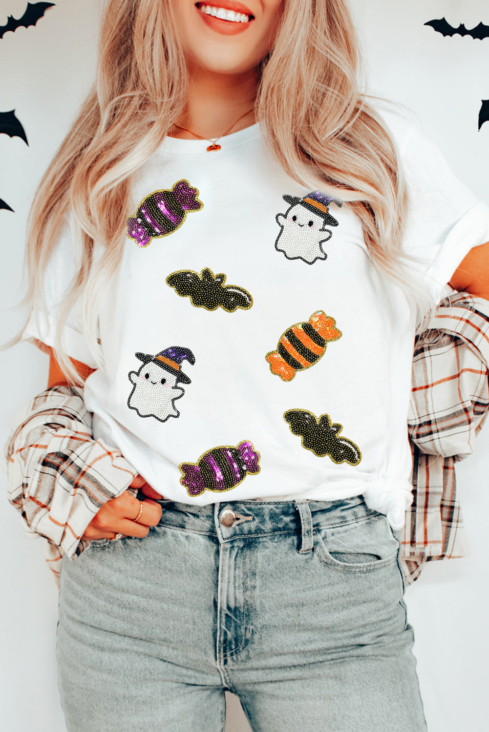 Black Halloween Spirit Pattern Sequins Patch Custom Casual Tee 8dea5228f92a4af2