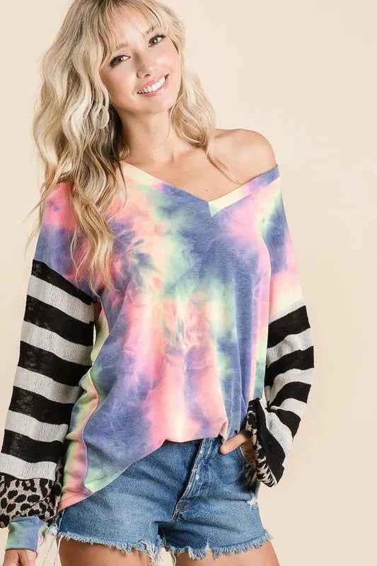Tie Dye V Neck Top with Stripe Puff Sleeves 8deb52ee26d74edead3d08f4feaa8f8c-Max-Origin