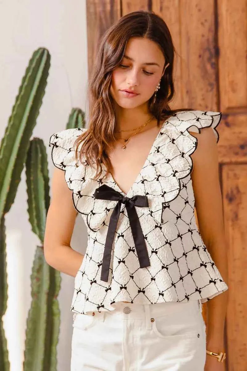 SO ME Bow Texture Jacquard Woven Top with Scallop and Tie 8debe952f1ff4cb68501eb6331ab3e7b-Max-Origin