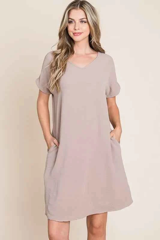 BOMBOM V-Neck Short Sleeve Dress with Pockets Dust Storm 8df2d8de-7b7f-4fc9-bec1-ecc9bf922daf-Max-Origin