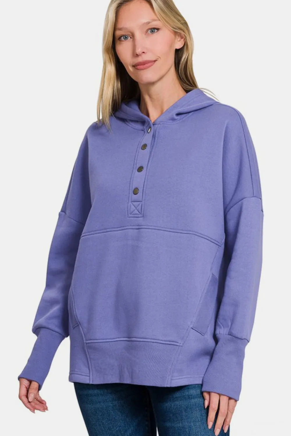 Zenana Half Snap Long Sleeve Hoodie with Kangaroo Pocket 8df52716-d066-495f-a59e-d35dfb54a2f9-Max