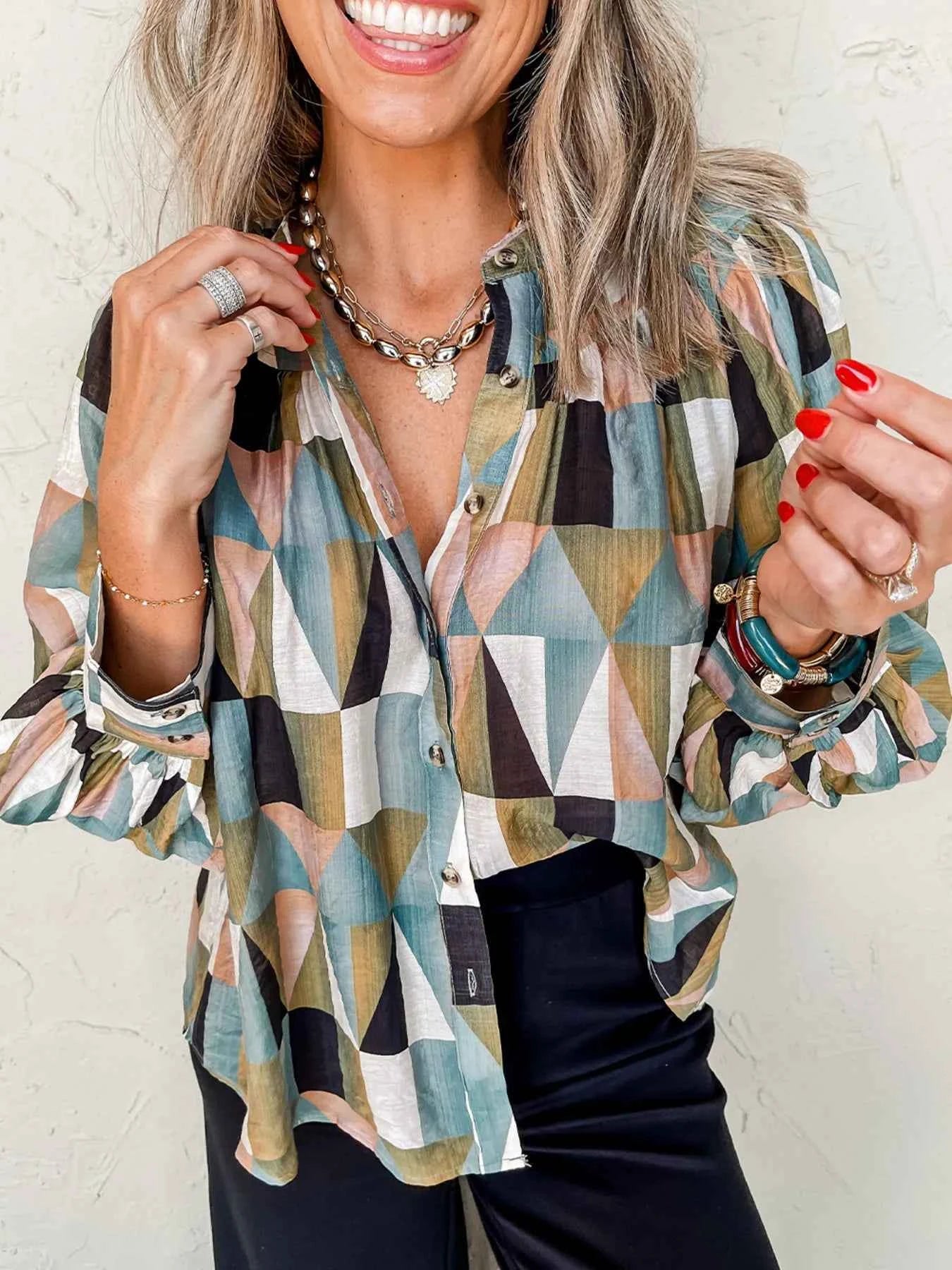 Geometric Print Buttoned Balloon Sleeve Loose Fit Shirt Multicolor 8e05624a7ac7456cb80844e4ef065fd5-Max-Origin