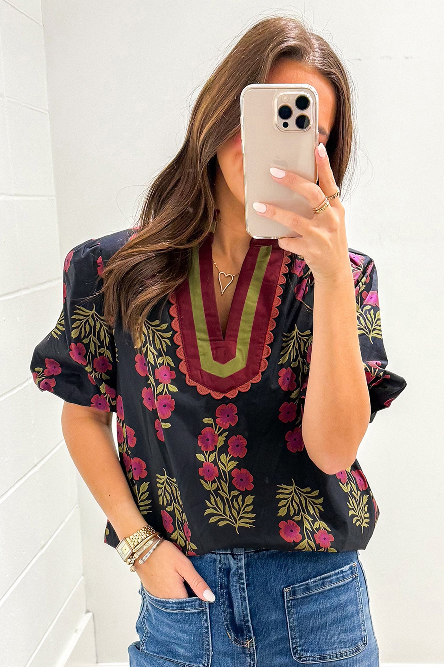 Black Floral Short Bubble Sleeve Contrast Slit Neckline Blouse 8e06541feb5714fa