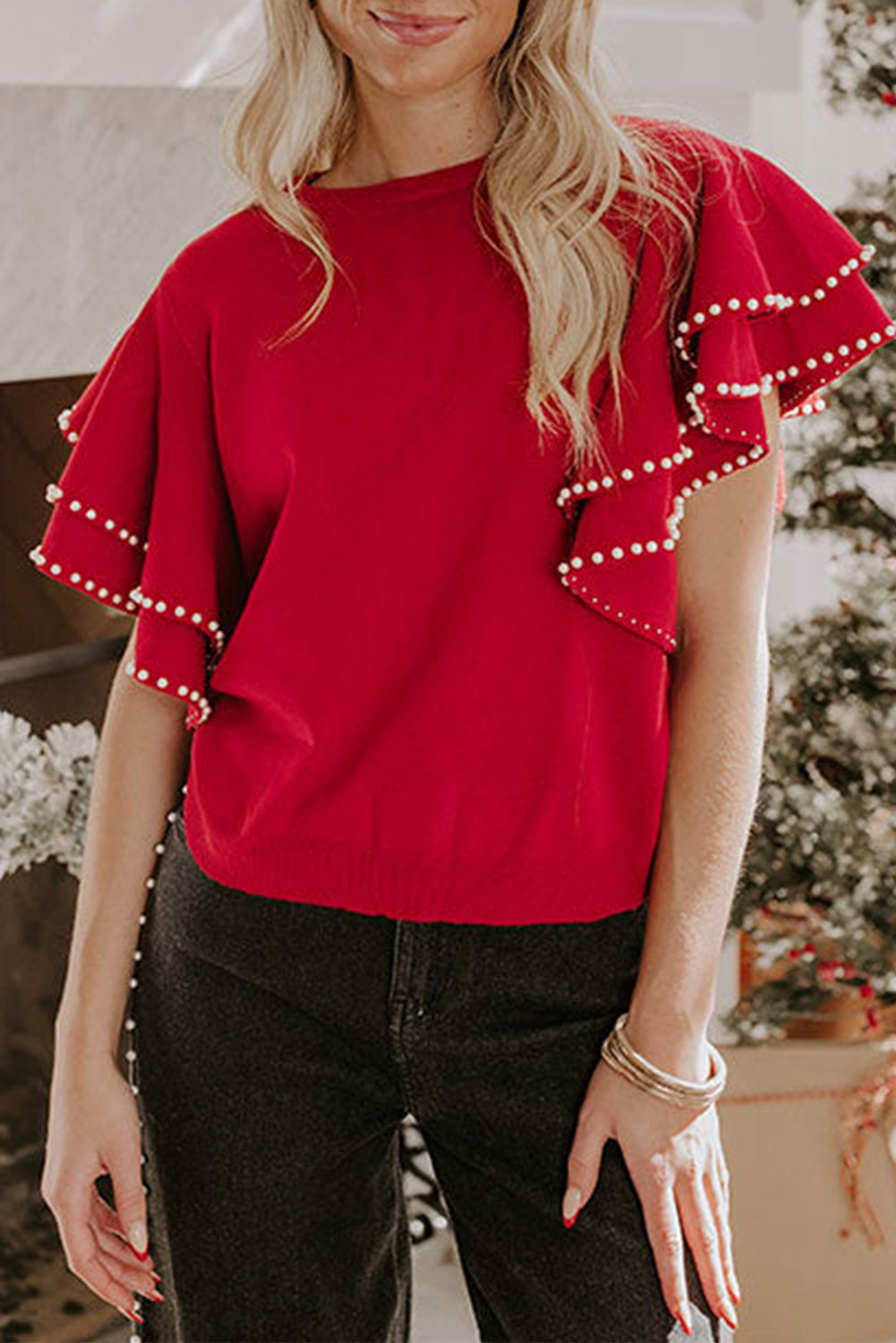 Racing Red Pearl Embellished Double Ruffle Short Sleeve Sweater 8e07c1f16a162fa2