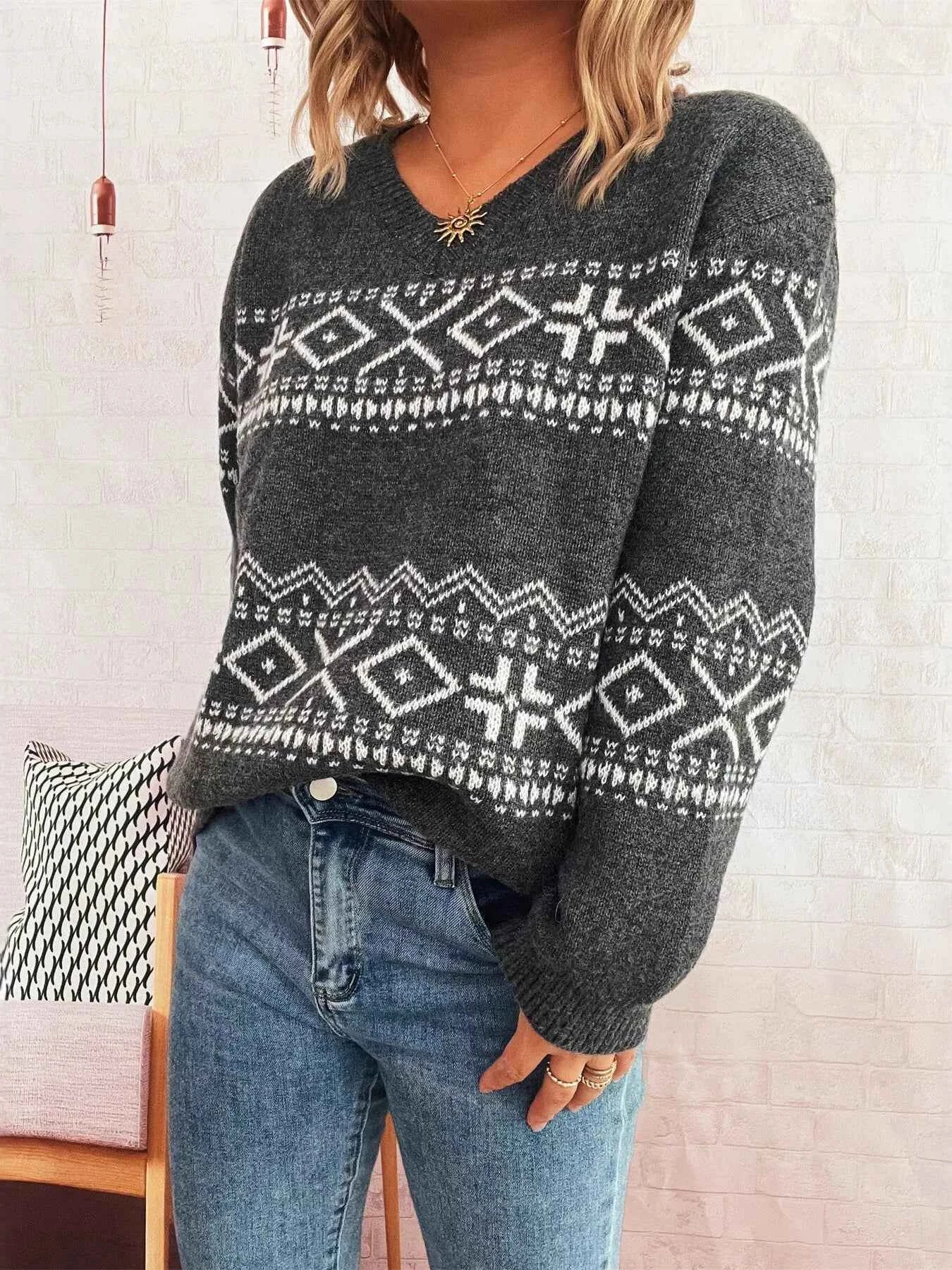 Geometric Dropped Shoulder Long Sleeve Sweater Dark Gray One Size 8e0ccbfbe65c4723b57cb5f3dc6907c4-Max-Origin