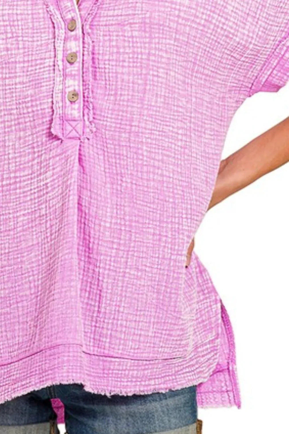 Zenana Washed Double Gauze 3/4 Button Henley Neck Shirt 8e0f476f-5a52-4289-a870-901cea9c8d45-Max-Origin