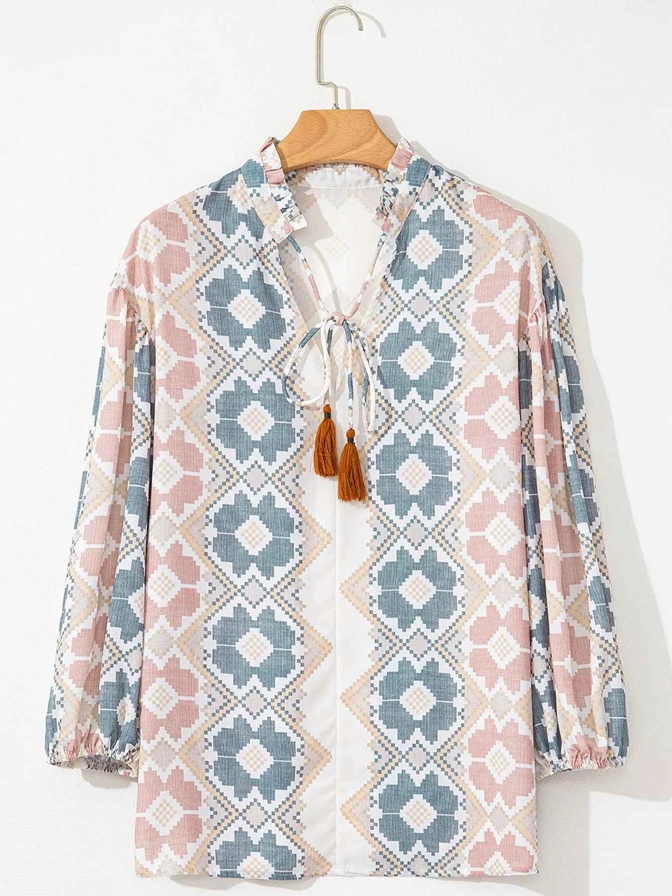 Bohemian Geometric Print Blouse with Tassel Tie 8e2ac739-df0a-4e96-a8a2-c38c0da0424a-Max-Origin