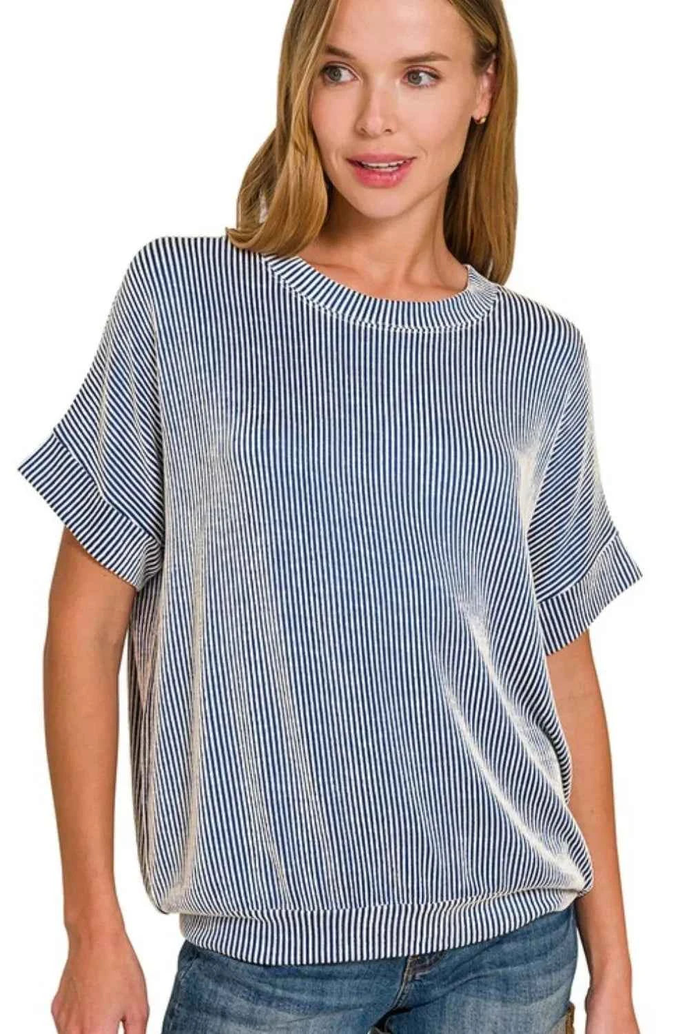 Zenana Corded Rib Short Sleeve T-Shirt LT NAVY 8e3c4a3b-dc52-4021-8a0d-a81953800c69-Max-Origin