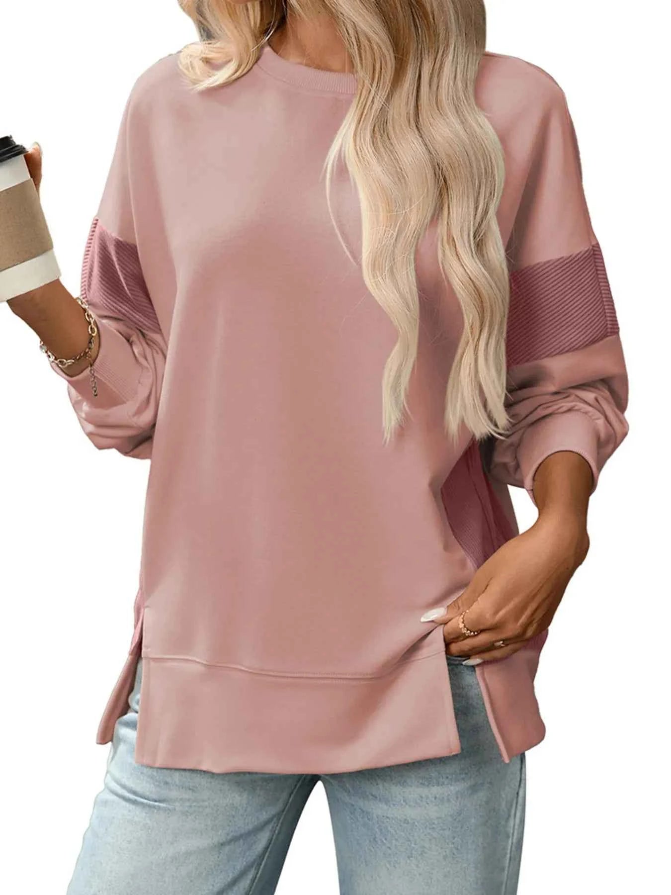 Slit Round Neck Long Sleeve Sweatshirt 8e3d0af3b71f4511af80e68ba223651c-Max-Origin