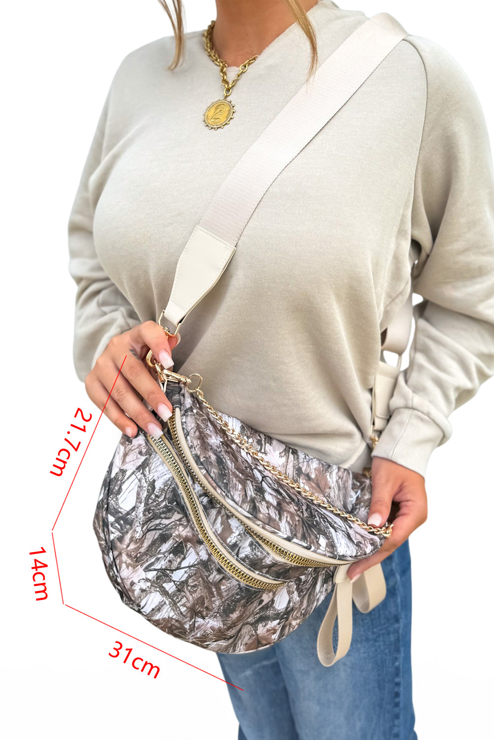 White Camouflage Print Double Zipper Crossbody Bag Medium Grey ONE SIZE 95%PU+5%Alloy 8e3dc2106f7d2fec