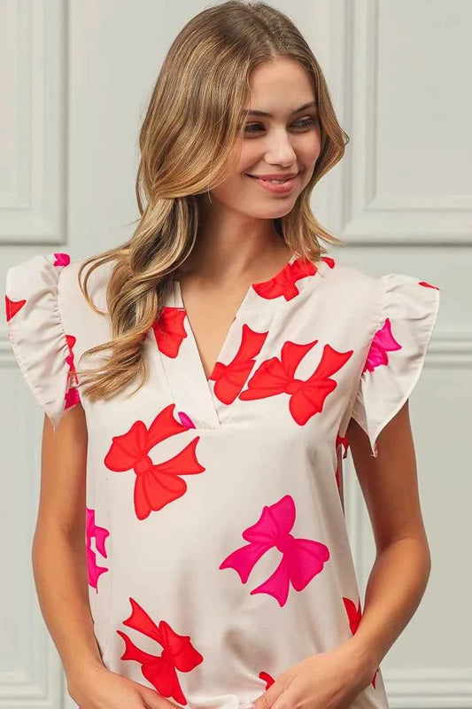 Bow Printed Woven Ruffled Sleeves V Neck Top 8e49817cc1174411906f6f67a59db44c-Max-Origin