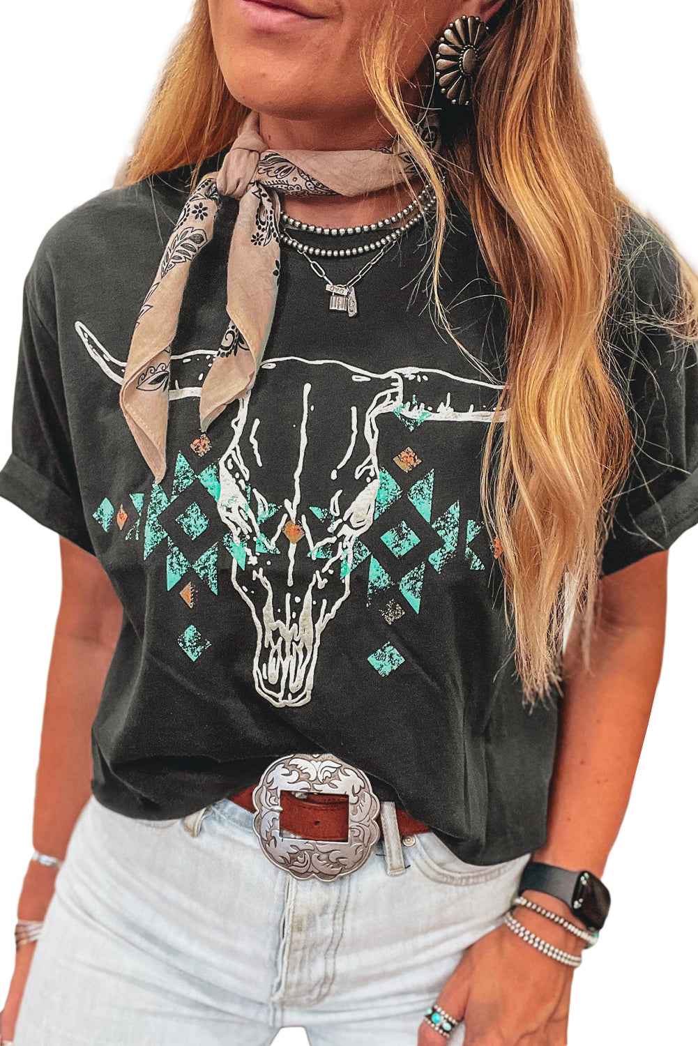 Carbon Grey Vintage Bull Head Skull Turquoise Geometric Graphic T Shirt Carbon Grey 95%Cotton+5%Elastane 8e4c1edb1eb8a8bc