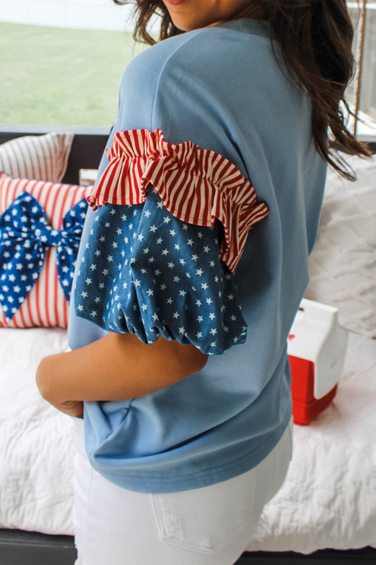 Fiery Red Stars Stripes Short Puff Sleeve Top 8e5e587886009fd0