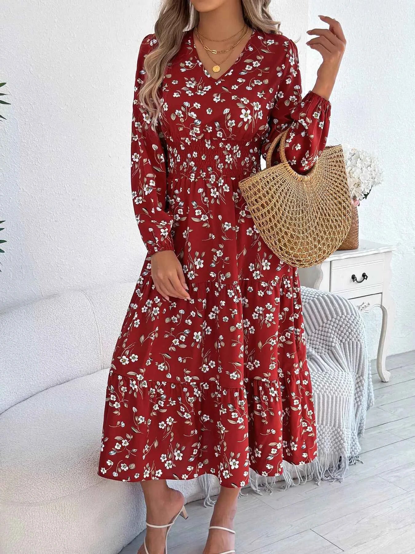 Floral Print Long Sleeve V-Neck Midi Dress 8e5ed63028934f2f83ce46bdebbf8285-Max-Origin