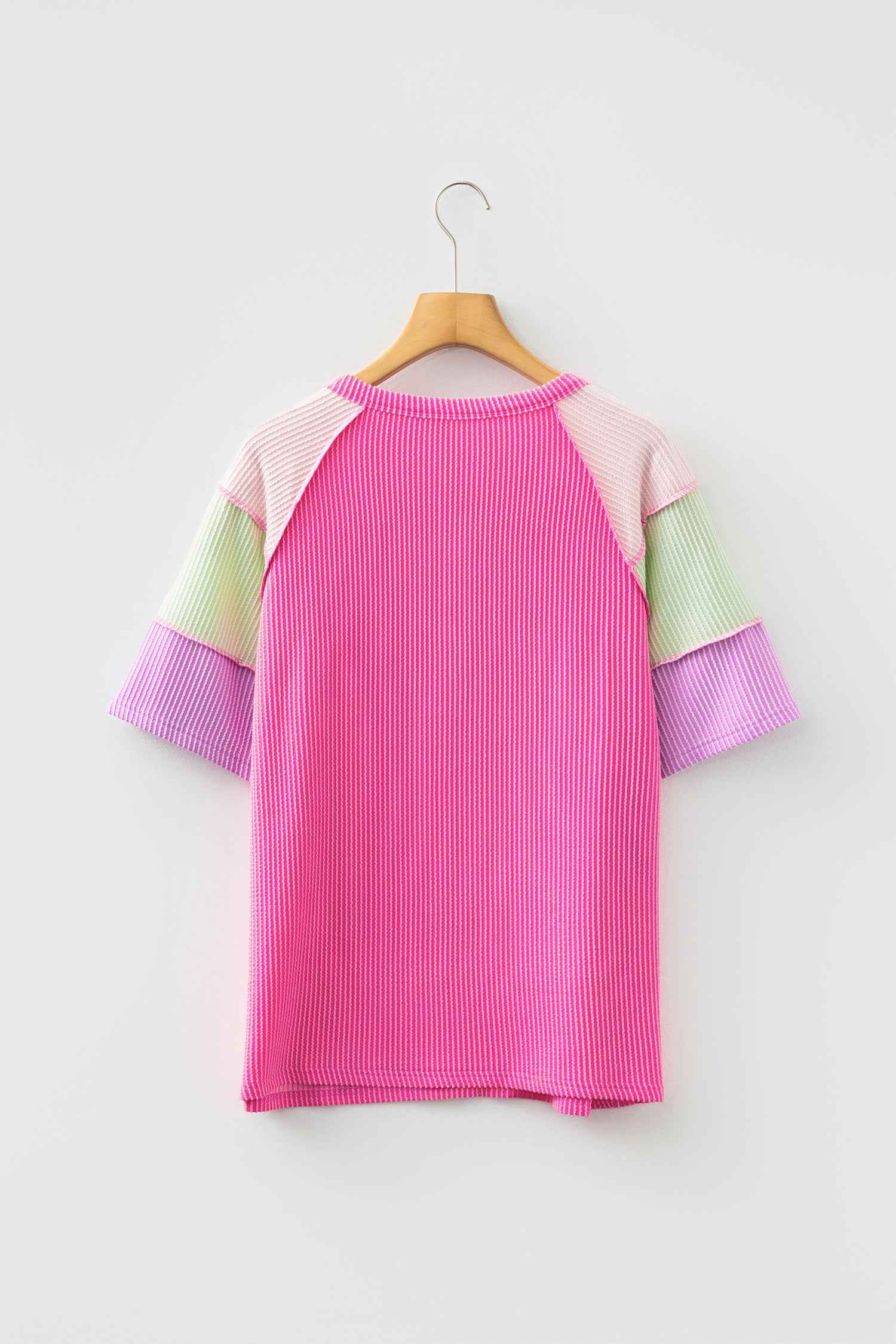 Bright Pink Twisted Ribbed Color Block Patchwork Henley Short Sleeve T Shirt 8e62996ce990d1e9